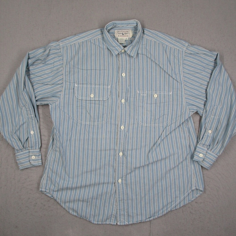 Vintage Ralph Lauren Authentic Dungarees Blue Striped Cotton Shirt Womens 12